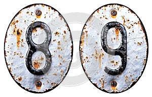 3D render set of numbers 8, 9 made of forged metal on the background fragment of a metal surface with cracked rust.