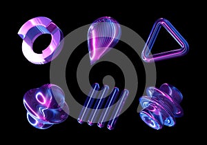 3d render set of purple neon glass elements or icons isolated on black background. Glowing abstract geometric shapes clip art