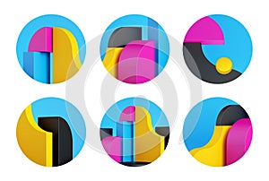 3d render, set of round stickers with colorful CMYK geometric shapes, modern minimal icons for social account design. Abstract