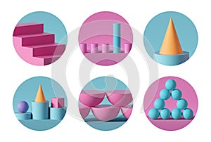 3d render, set of round stickers with primitive geometric shapes, modern minimal pink blue yellow icons for social account design