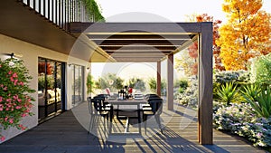 3d render of set table on outdoor private garden terrace