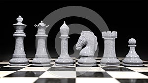 3d render of a set of white chess pieces on a marble board. Black background