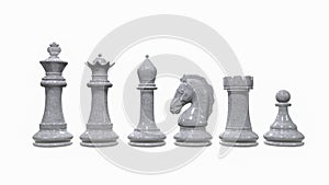 3d render of a set of white chess pieces on a white background
