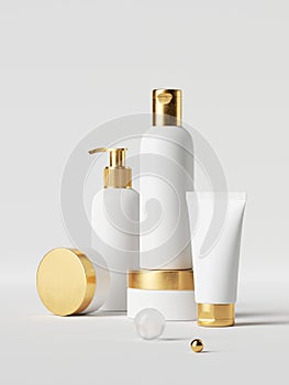 3d render, set of white cosmetic bottles with golden caps over white background, clean style collection of skin care products,