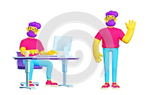 3D render set of young man working, waving hand