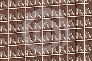 3D render of a shelf full of shoes levitating in cells