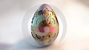 3D Render Of Shiny Golden And Pink Floral Egg On Grey Background And Copy Space. Easter