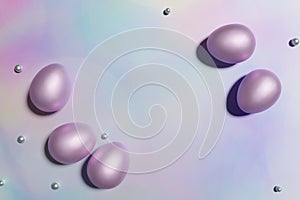 3d render of shiny purple easter eggs frame on a pastel gradient pink and blue background with blue pearles