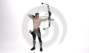 3D Render : a shirtless young male archer pose practicing archery in the studio