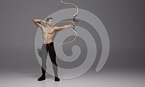 3D Render : a shirtless young male archer pose practicing archery in the studio