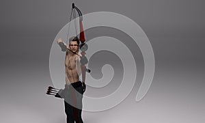 3D Render : a shirtless young male archer pose practicing archery in the studio