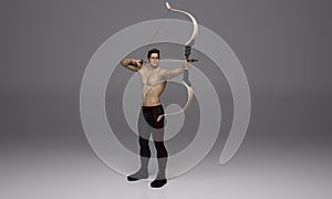 3D Render : a shirtless young male archer pose practicing archery in the studio