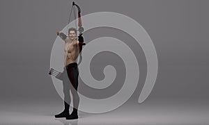 3D Render : a shirtless young male archer pose practicing archery in the studio