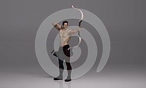 3D Render : a shirtless young male archer pose practicing archery in the studio