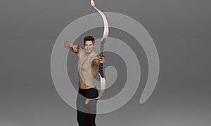 3D Render : a shirtless young male archer pose practicing archery in the studio