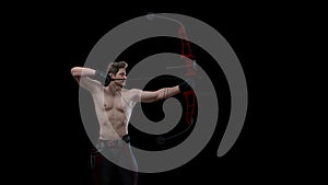 3D Render : a shirtless young male archer pose practicing archery in the studio