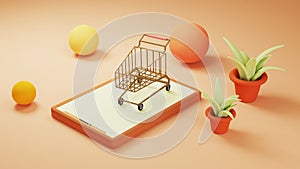 3D render of shopping online orange tone. Business online and e-commerce on web shopping concept. Secure online payment
