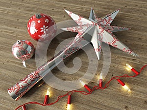 3d render of silver decoration star and Christmas decoration baubles with red lights on a wooden background