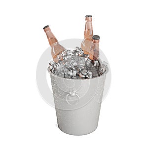 3D render of a silver metal bucket filled with various types of beer bottles and ice