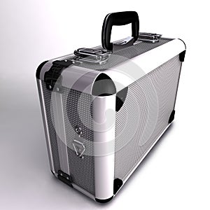 A 3D render of a Silver toned metal briefcase