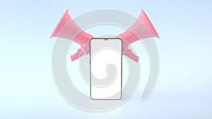 3d render of smartphone with pink megaphones on blue background. Social share data concept. Smartphone for sharing posts, view,