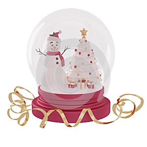 3D render snow globe with Snowman, Christmas tree, gift boxes and golden ribbon serpentine. Red and gold festive