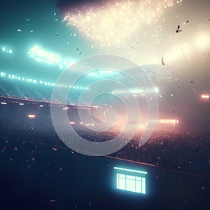 3D render of a soccer stadium with floodlights and neon lights AI Generated