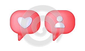 3d render speech bubble heart on pink background. Social media like icon concept. Comment and Follower.