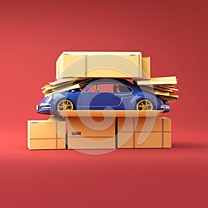 3D render of a sports blue car between the boxes generative AI