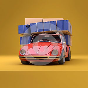 3D render of a sports red car between the boxes generative AI