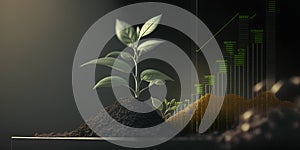 3d render of sprout growing in soil with growth chart on dark background