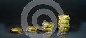 3d render, stack coins, money accumulation concept, deposits, dark background