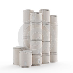 A 3D render of a stack of industrial white barrels on a white background