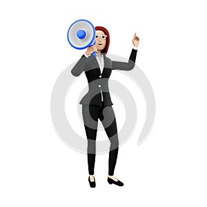 3d render standing business woman. 3d rendering woman holding megaphone. 3d render woman declaring on whitebackground