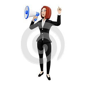 3d render standing business woman. 3d rendering woman holding megaphone. 3d render woman declaring on whitebackground
