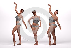 3D Render : standing female  body type ie. skinny type,muscular type,heavy weight