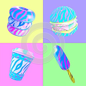 3d render sticker set creative funny stylish junk food objects. Restaurant, bars, cafes, shop concept