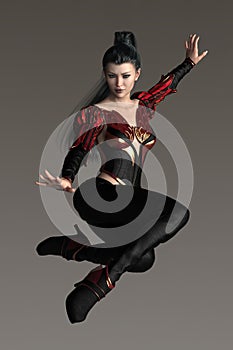 3D render of strong fantasy style woman leaping into the air in a magical style pose