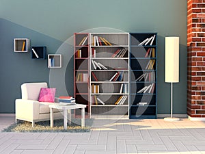 3d render study room, modern room