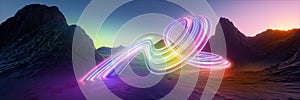 3d render. Stunning aesthetic wallpaper. Surreal landscape: rocky mountains and neon curvy colorful lines in motion. Flowing