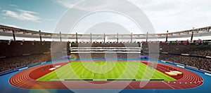 3D render of sunlit stadium filled with spectators, showcasing an athletic track and sport field, arena. Day time open