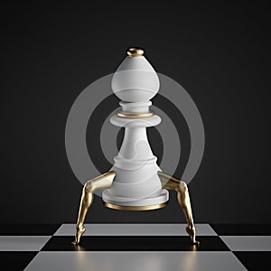 3d render, surreal concept, chess game bishop piece, white object with golden slim legs, classic checkered floor