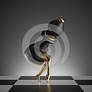 3d render, surreal concept, chess game piece, black bishop object with golden slim legs, classic checkered floor
