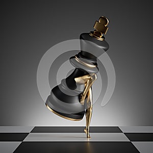 3d render, surreal concept, chess game piece, black king object with golden slim model legs, classic checkered floor