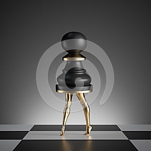 3d render, surreal concept, chess game piece, black pawn, object with golden slim legs, classic checkered floor