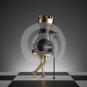 3d render, surreal concept, chess game piece, black rook object with golden slim legs, classic checkered floor