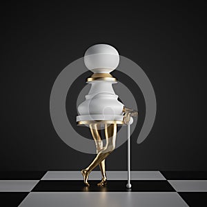 3d render, surreal concept, chess game piece, white pawn, object with golden slim legs, classic checkered floor