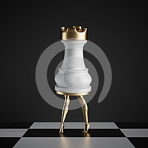 3d render, surreal concept, chess game piece, white rook standing, object with golden slim model legs, classic checkered floor