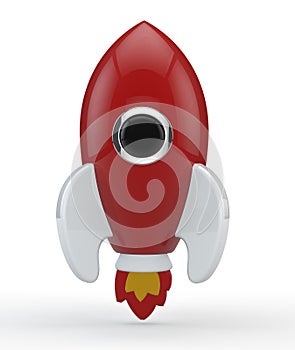 3D render of a symbolic rocket colored in red with flames