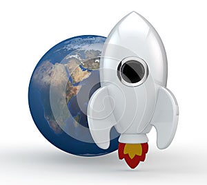 3D render of a symbolic white rocket with flames